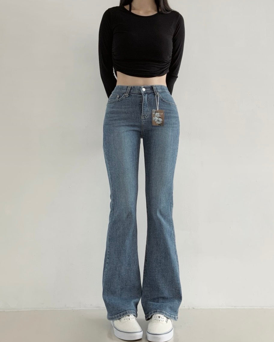 [S,M,L] Tunnel Waistband Stretchy Flared Denim Pants