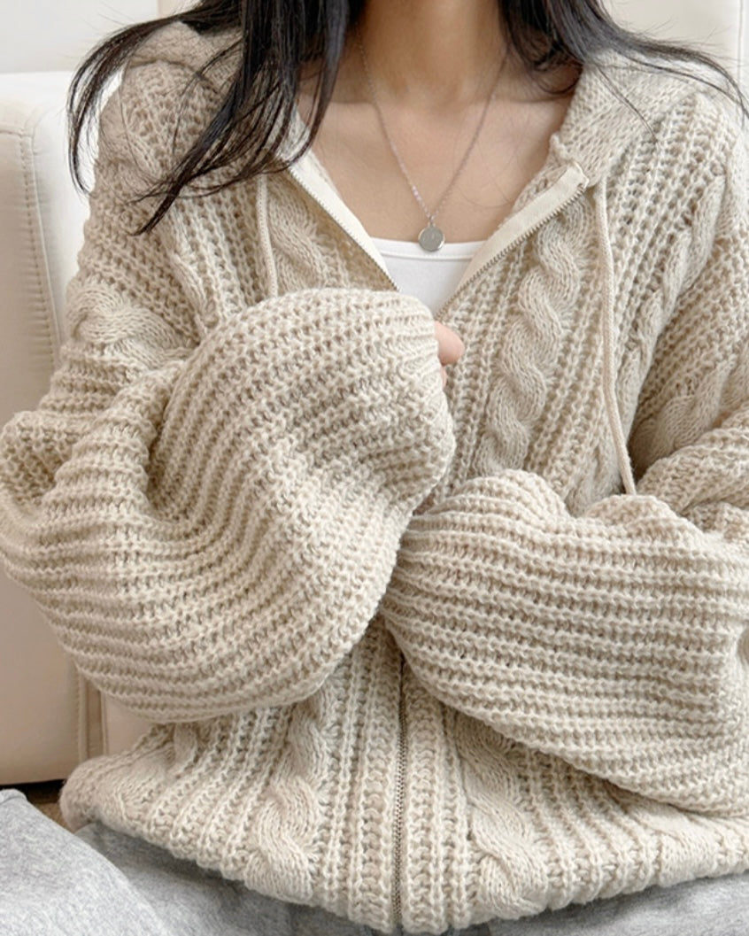 Hoodie Cable Knit Zip-Up