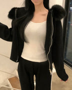 Fur Hoodie Knit Zip-Up