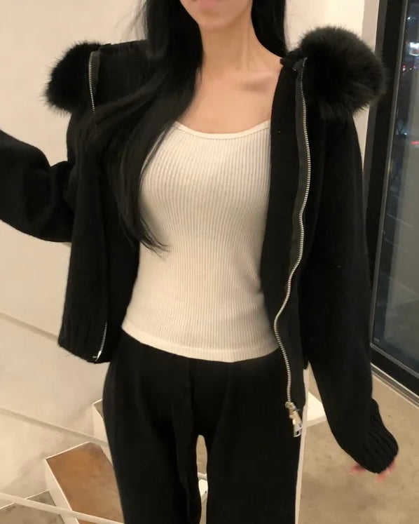 Fur Hoodie Knit Zip-Up