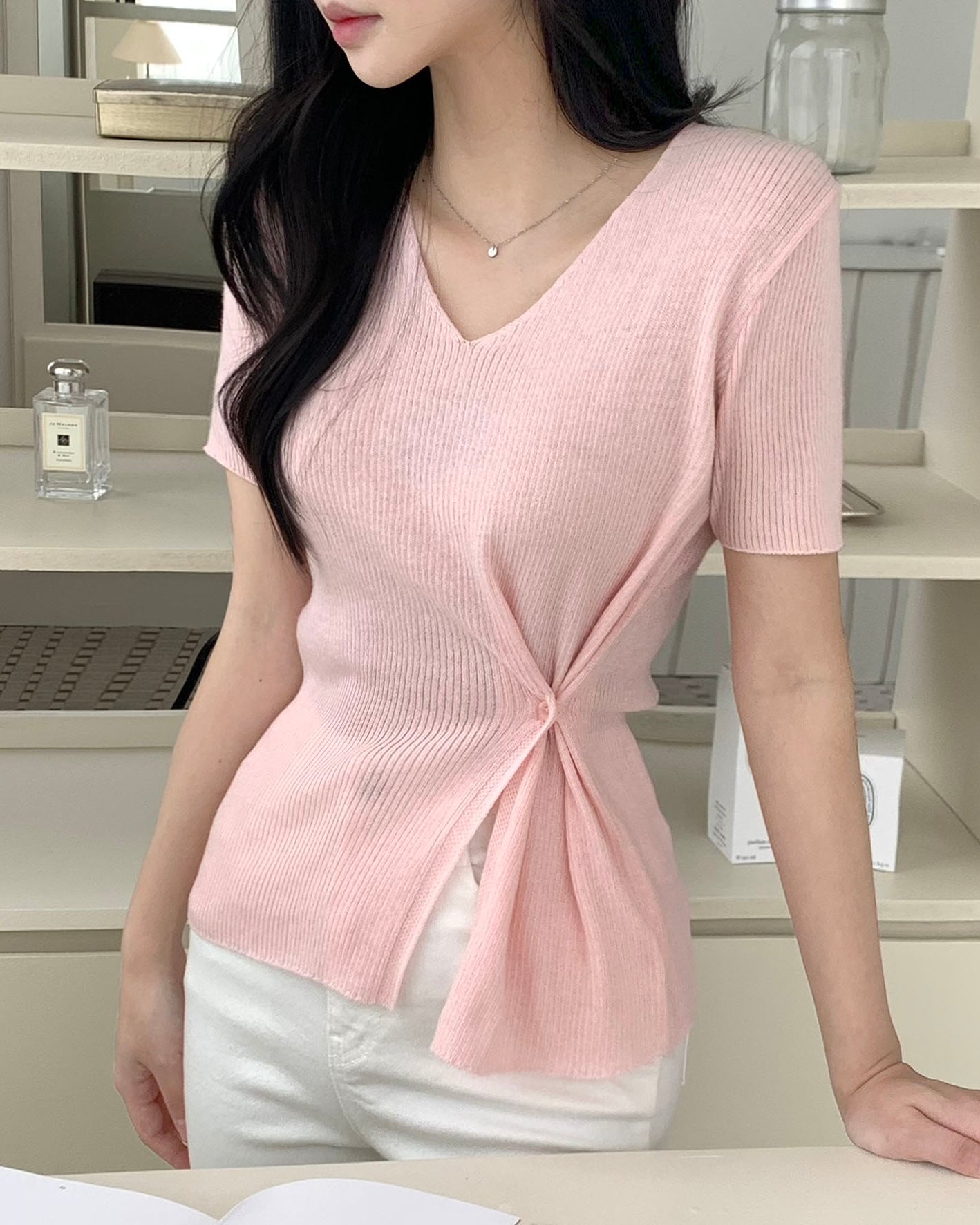 Bamboo Button short-Sleeve Knit