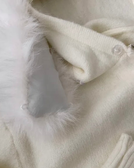 Fur Hoodie Knit Zip-Up