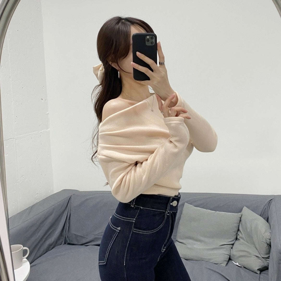 Shirring Off-Shoulder Long Sleeve