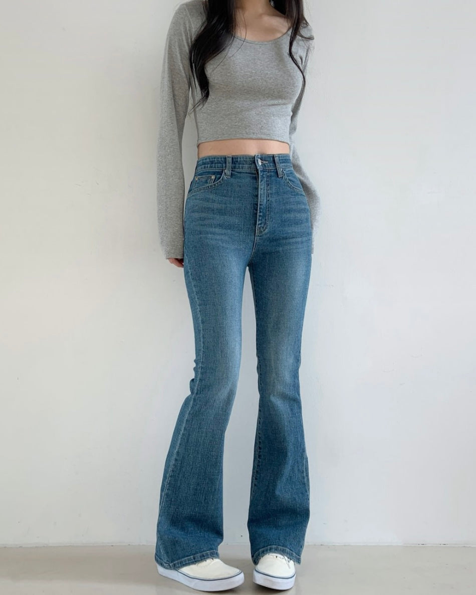 [S,M,L] Tunnel Waistband Stretchy Flared Denim Pants