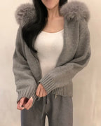 Fur Hoodie Knit Zip-Up