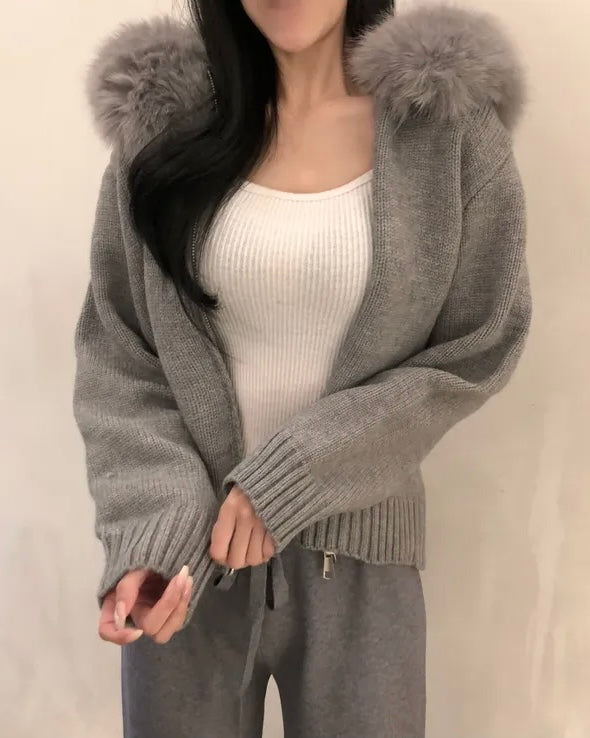 Fur Hoodie Knit Zip-Up