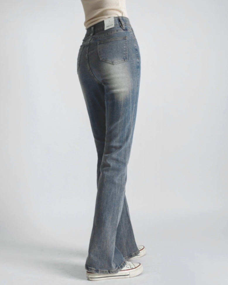 [Short/Long] Vintage Wash Stretchy Semi-Flared Jeans