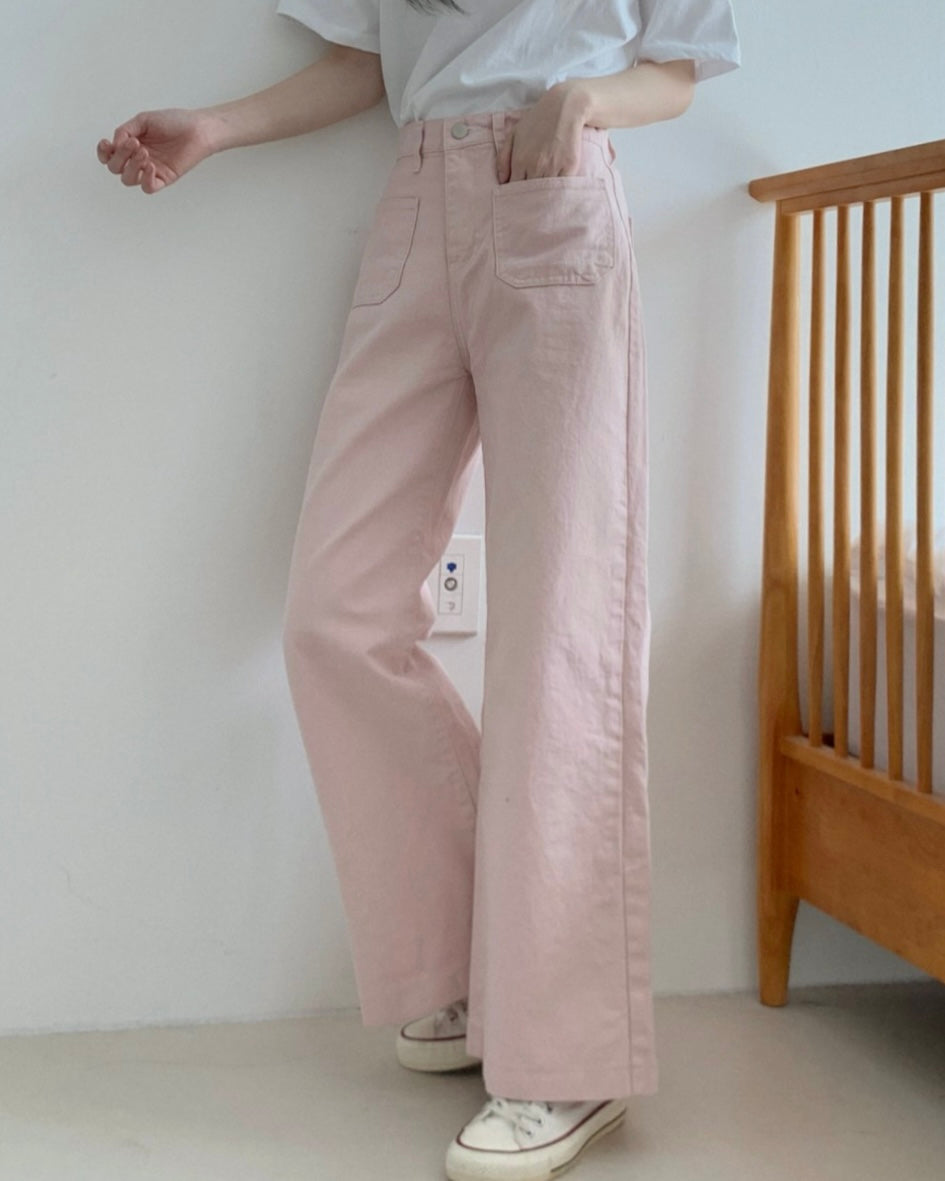 Pocket Back-Band Wide Cotton Pants