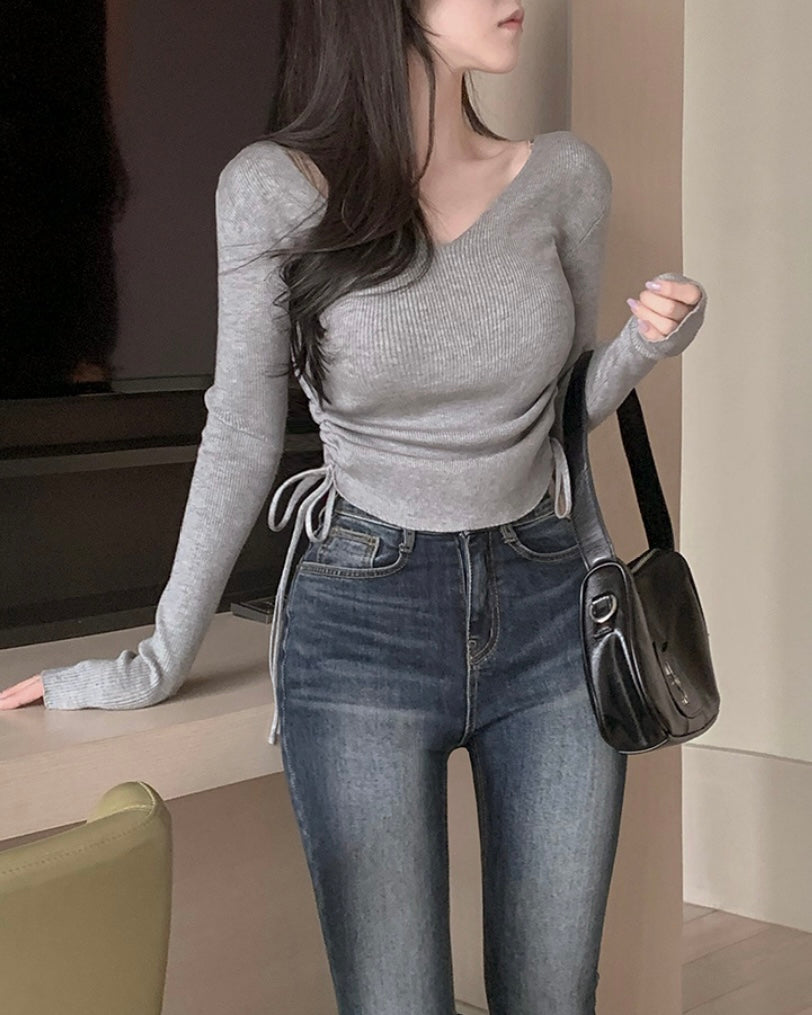 Ribbed Shirring V-Neck Top