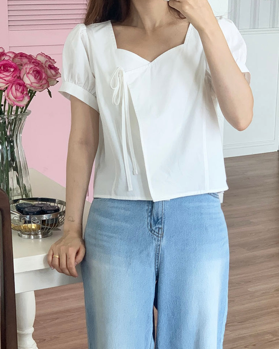 Heart-Neck Ribbon Cotton Blouse