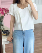 Heart-Neck Ribbon Cotton Blouse