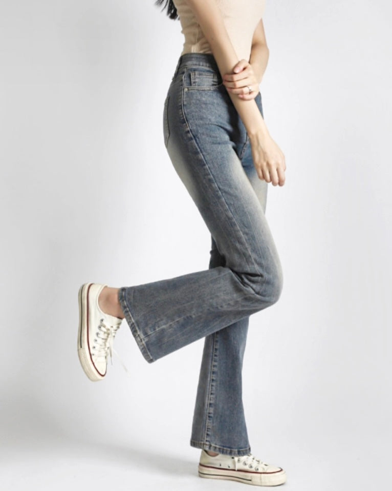 [Short/Long] Vintage Wash Stretchy Semi-Flared Jeans