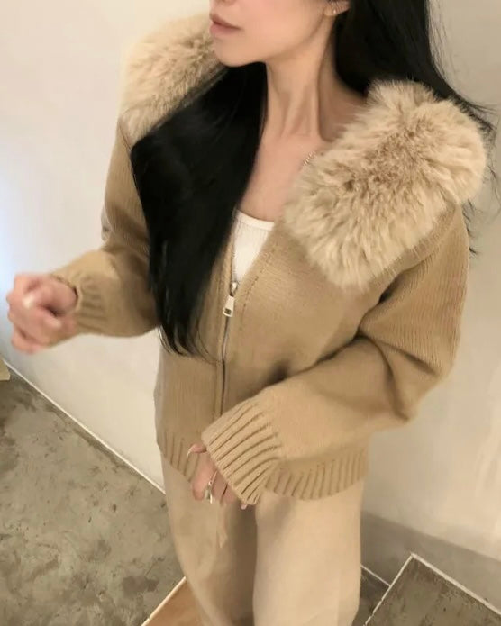 Fur Hoodie Knit Zip-Up