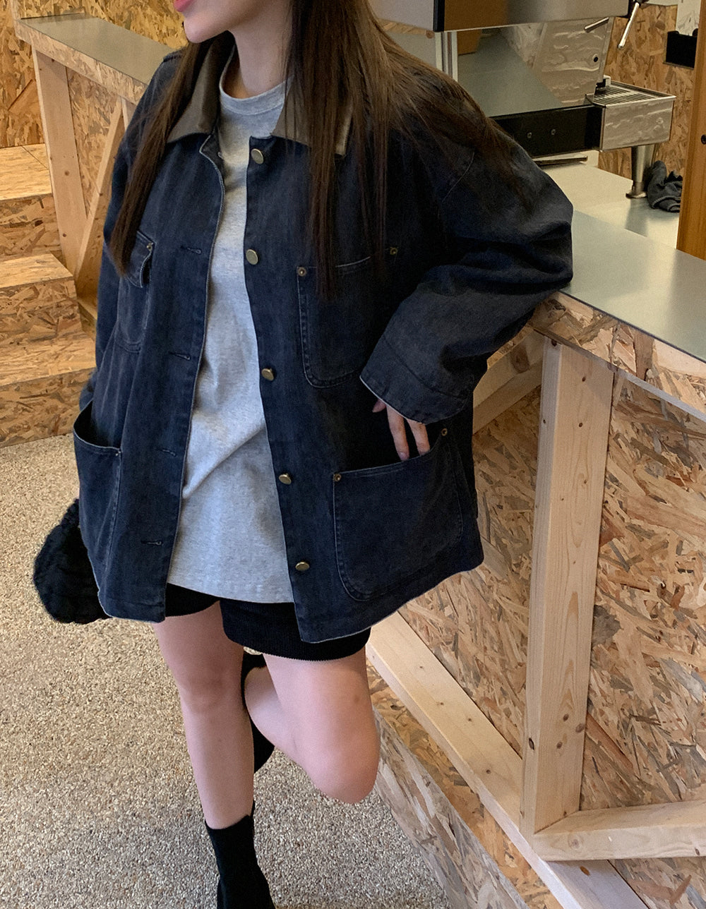 Leather Collar Denim Jacket