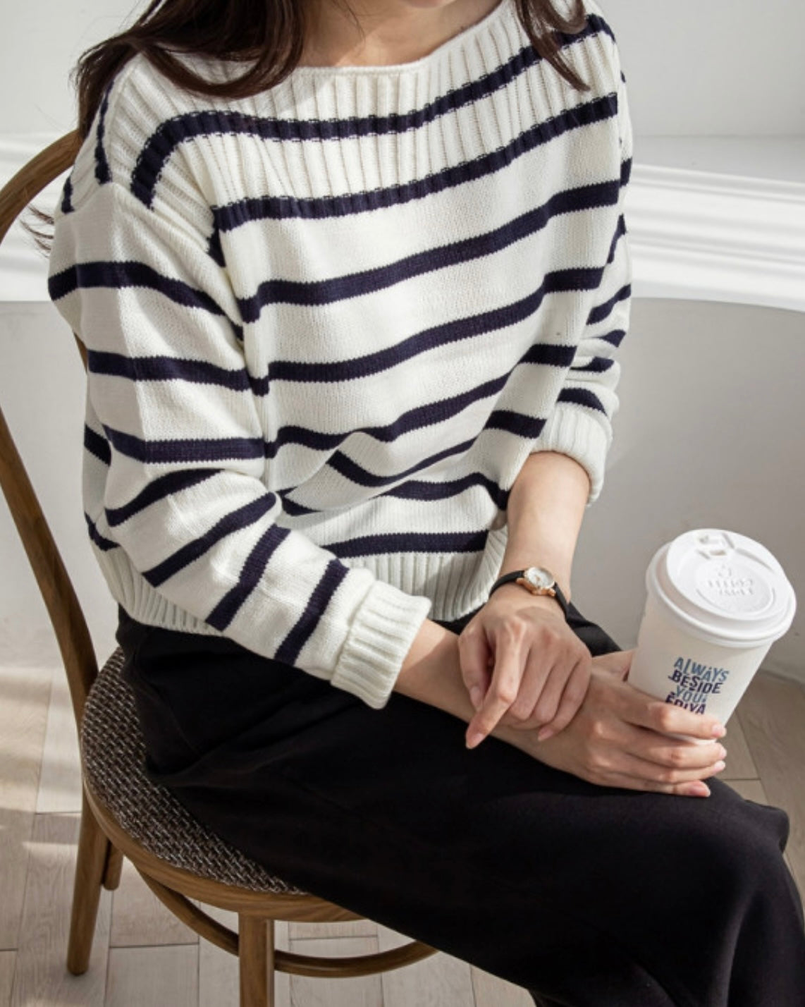 Striped Boat-neck Knit Top
