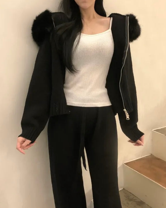 Fur Hoodie Knit Zip-Up
