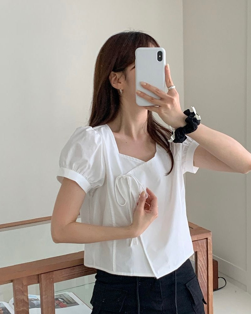 Heart-Neck Ribbon Cotton Blouse