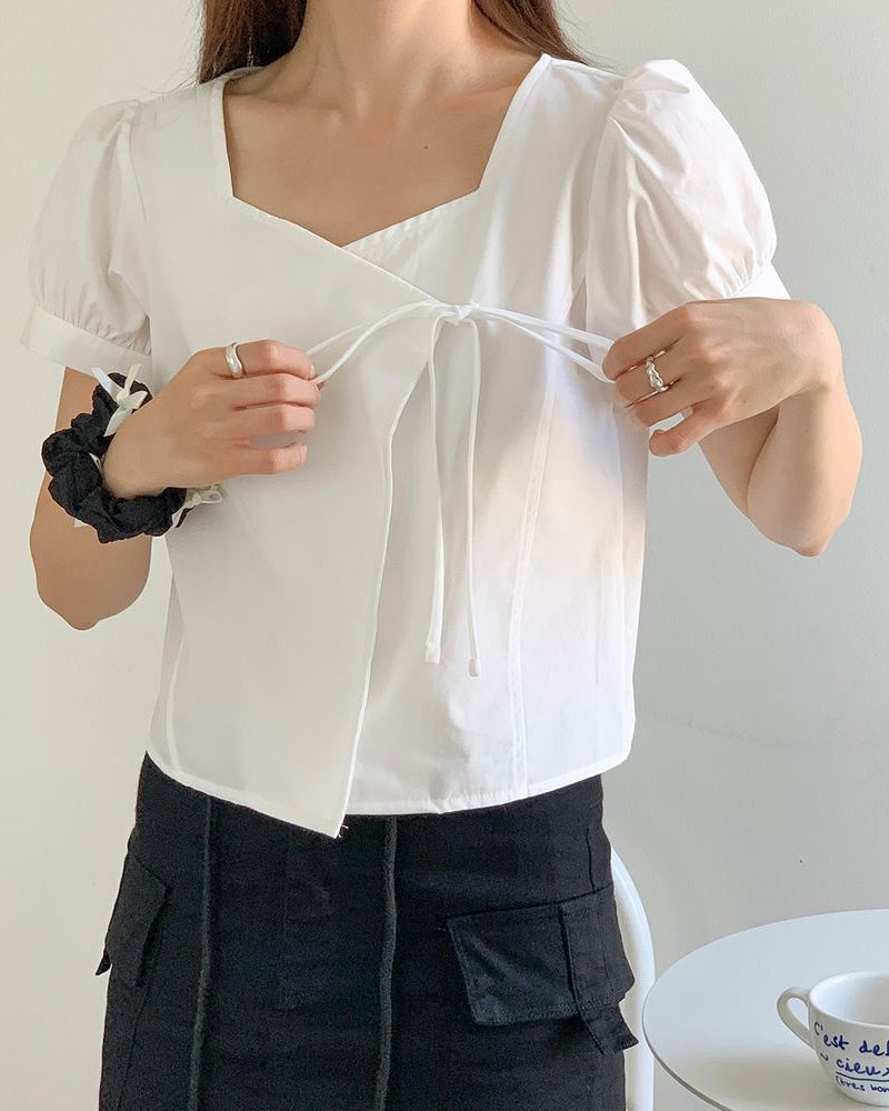 Heart-Neck Ribbon Cotton Blouse
