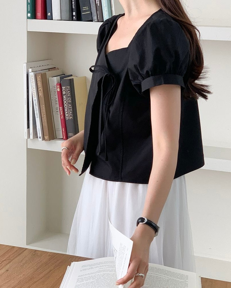 Heart-Neck Ribbon Cotton Blouse