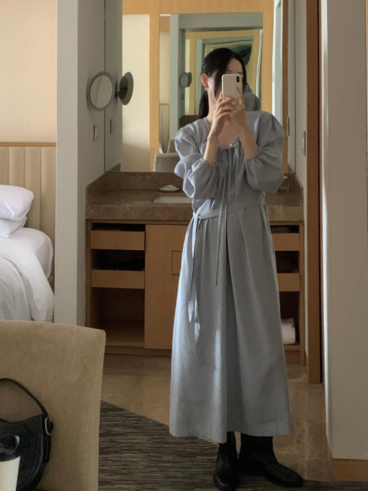 [ Pre-order ] Ribbon Shirring Long Dress
