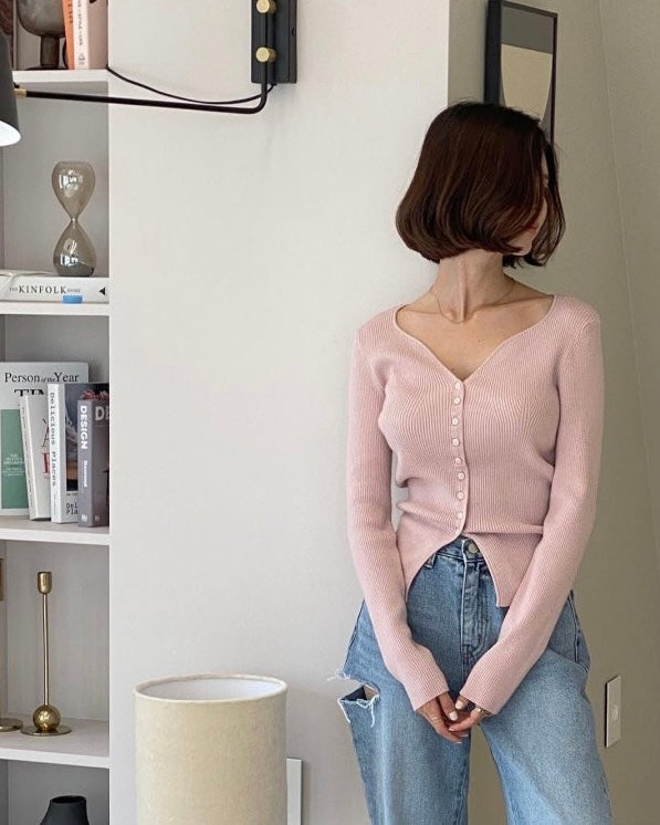 Heart-Neck Ribbed Knit Top