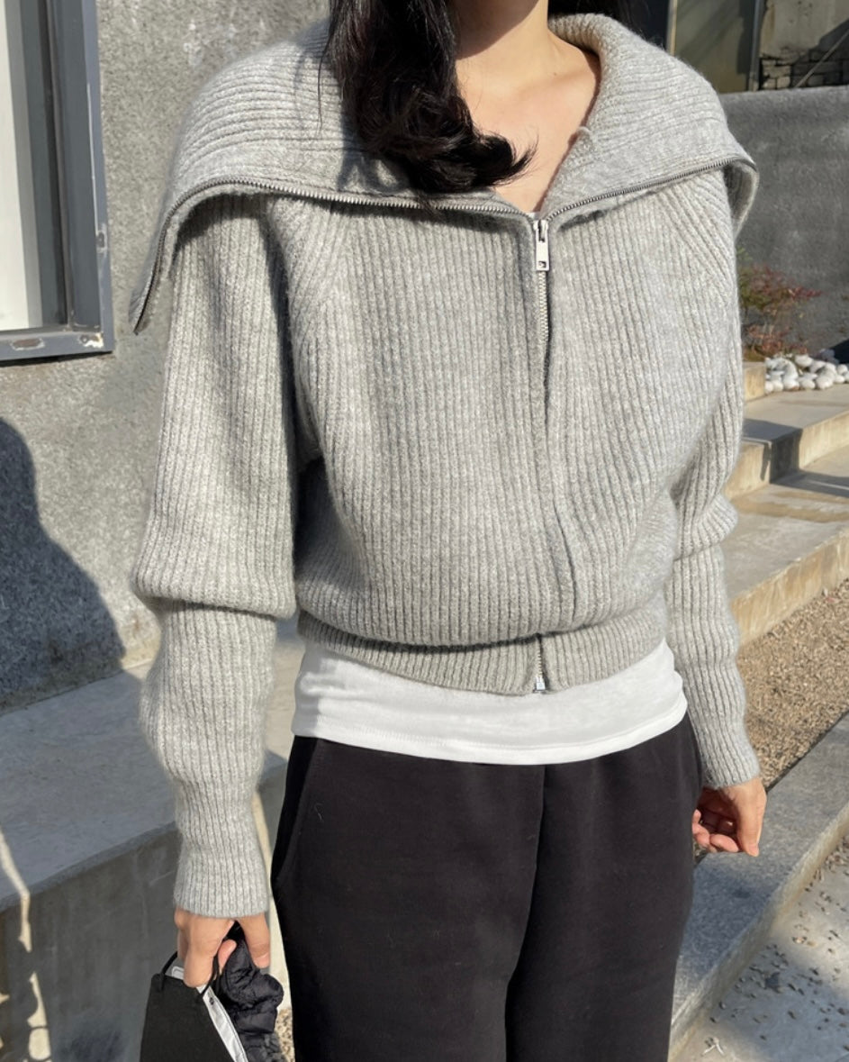 Sailor Collar Knitted Zip-Up