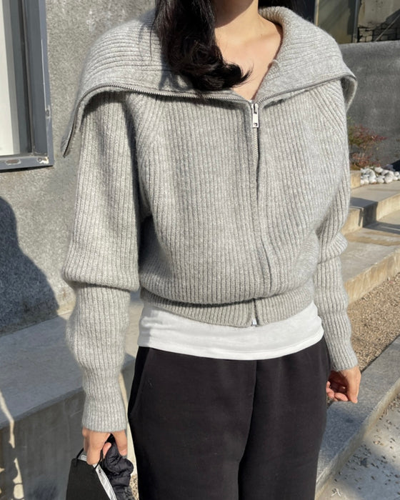 Sailor Collar Knitted Zip-Up