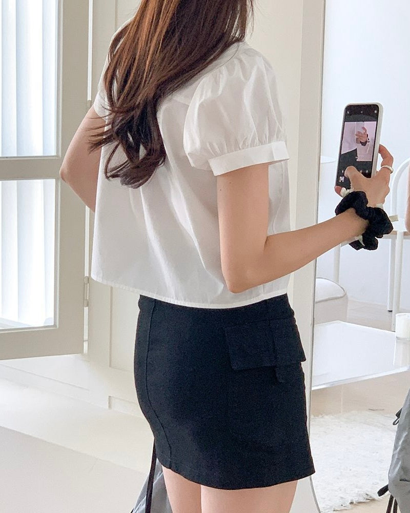 Heart-Neck Ribbon Cotton Blouse