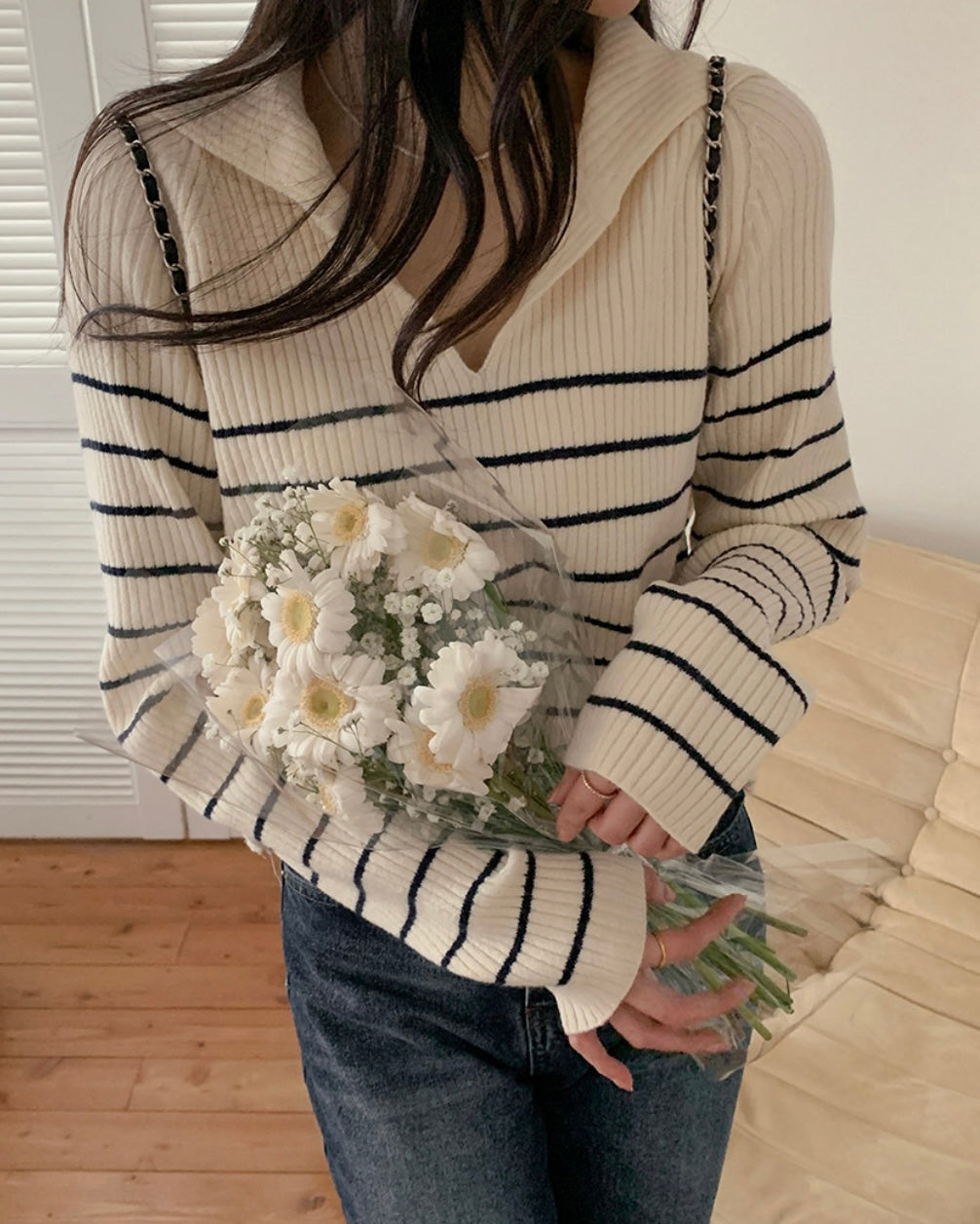 Collar Striped Knit Top