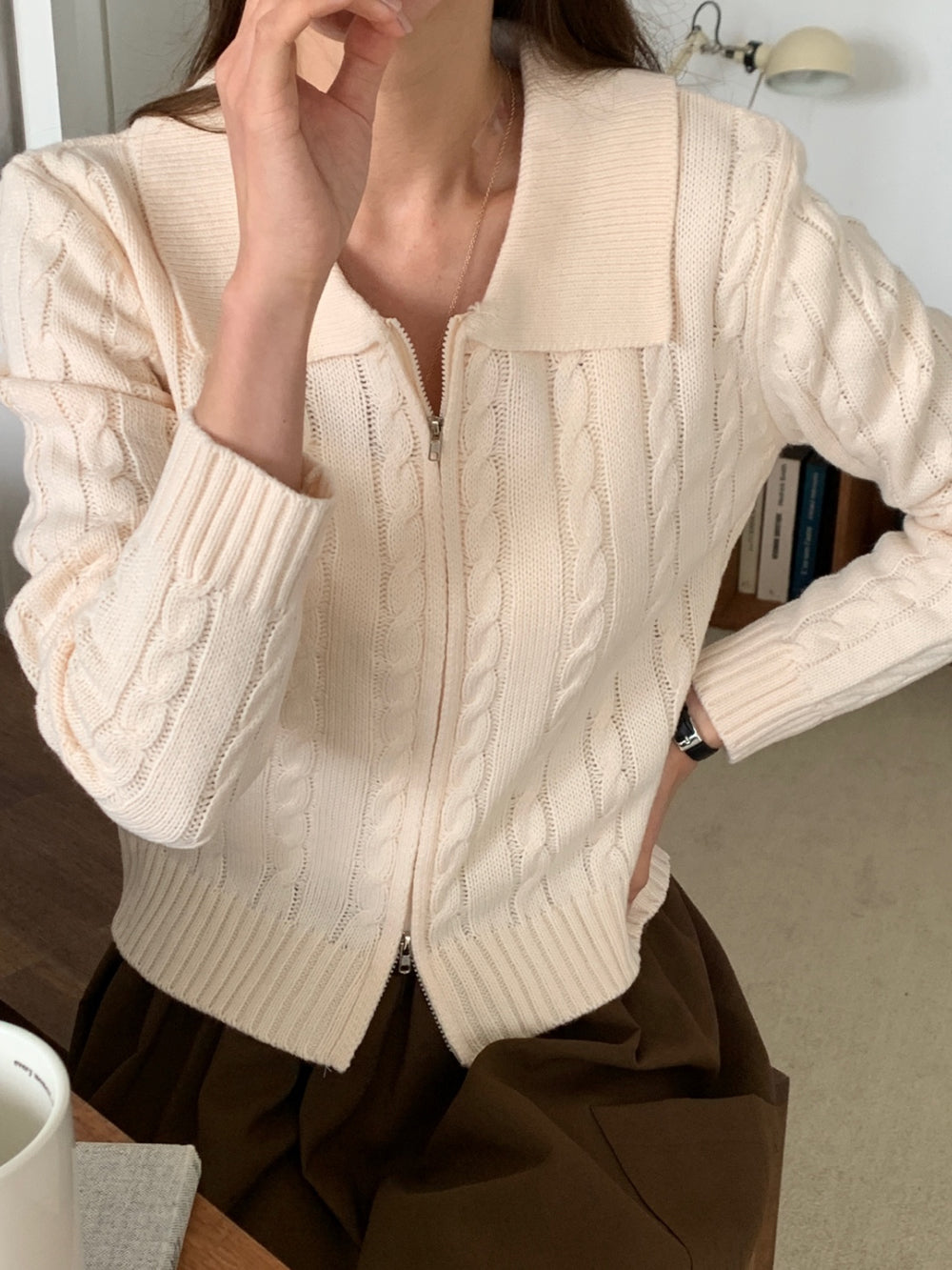 Cable Knit Zip-Up Cardigan