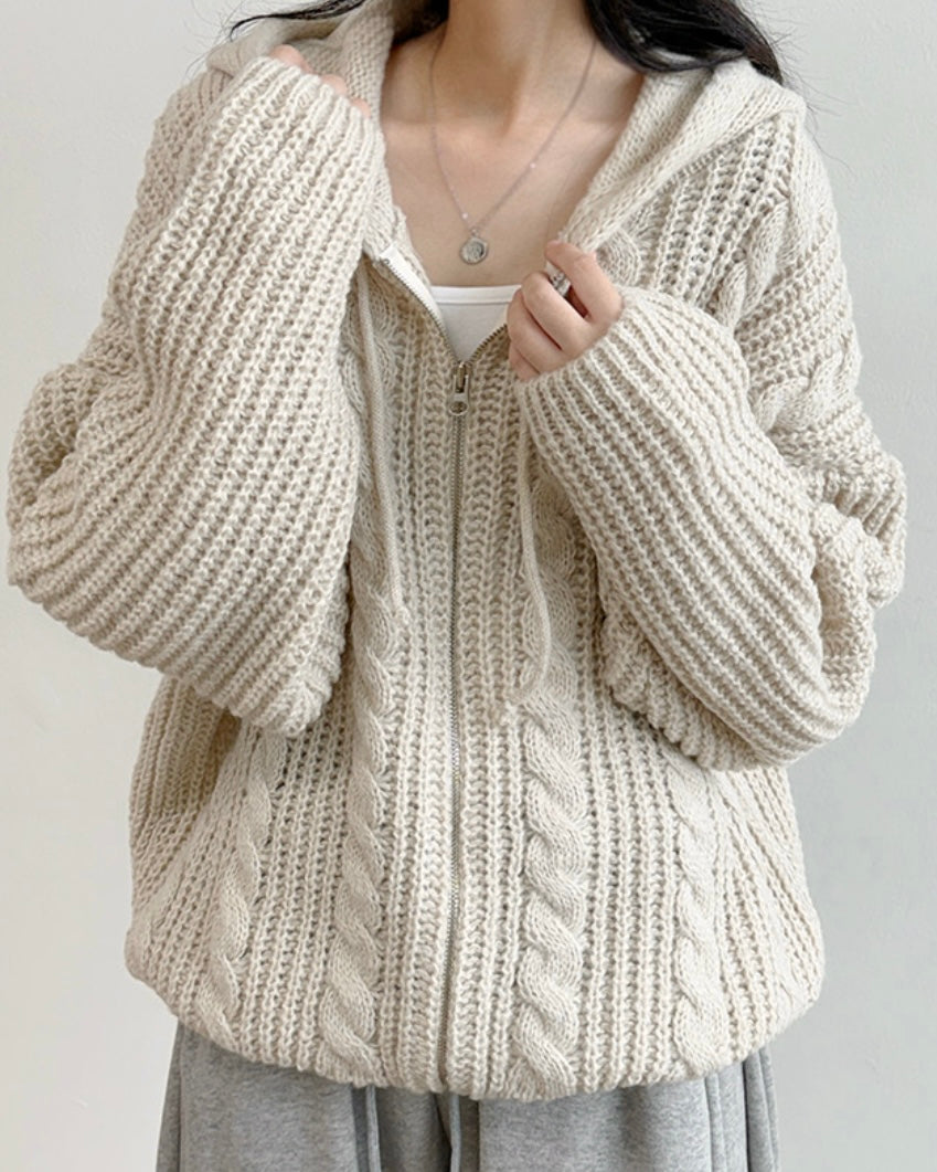 Hoodie Cable Knit Zip-Up