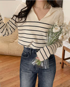 Collar Striped Knit Top