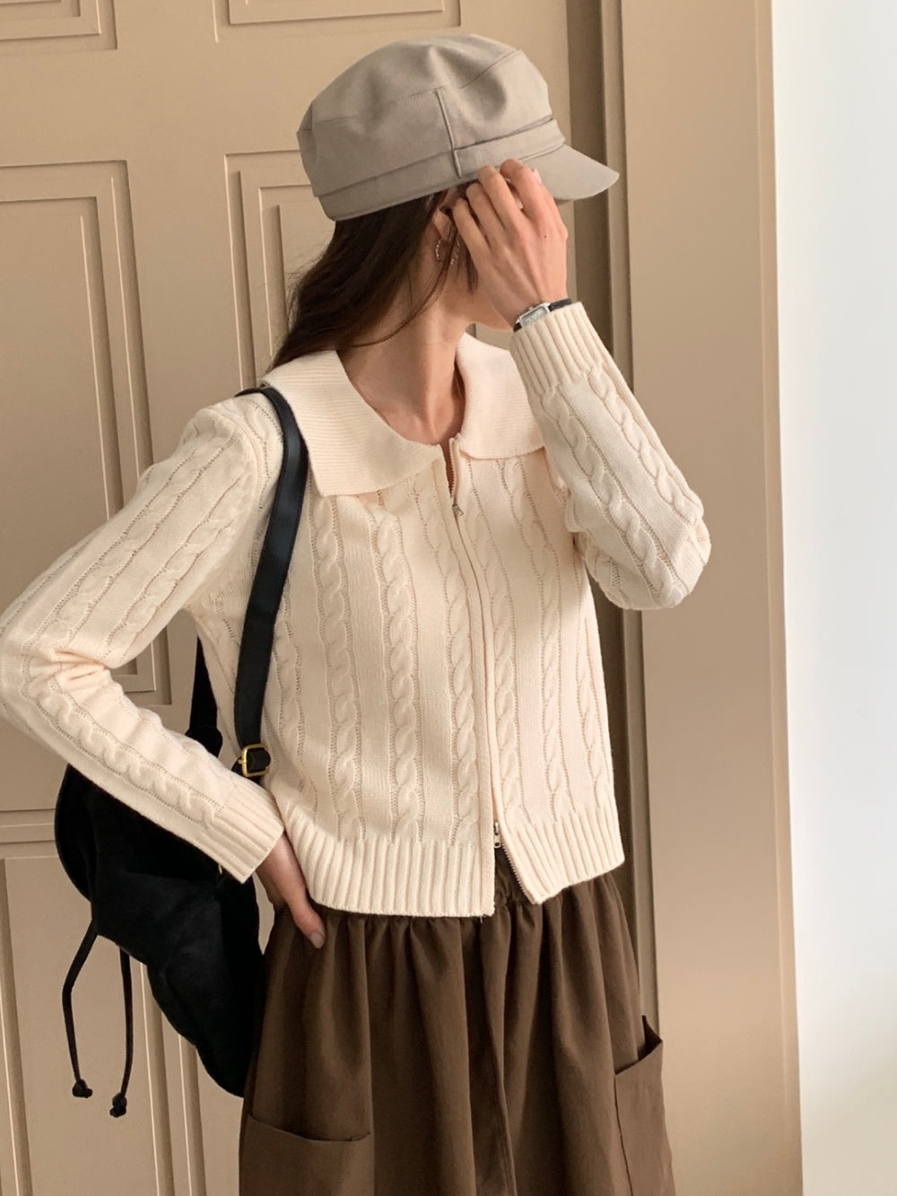 Cable Knit Zip-Up Cardigan