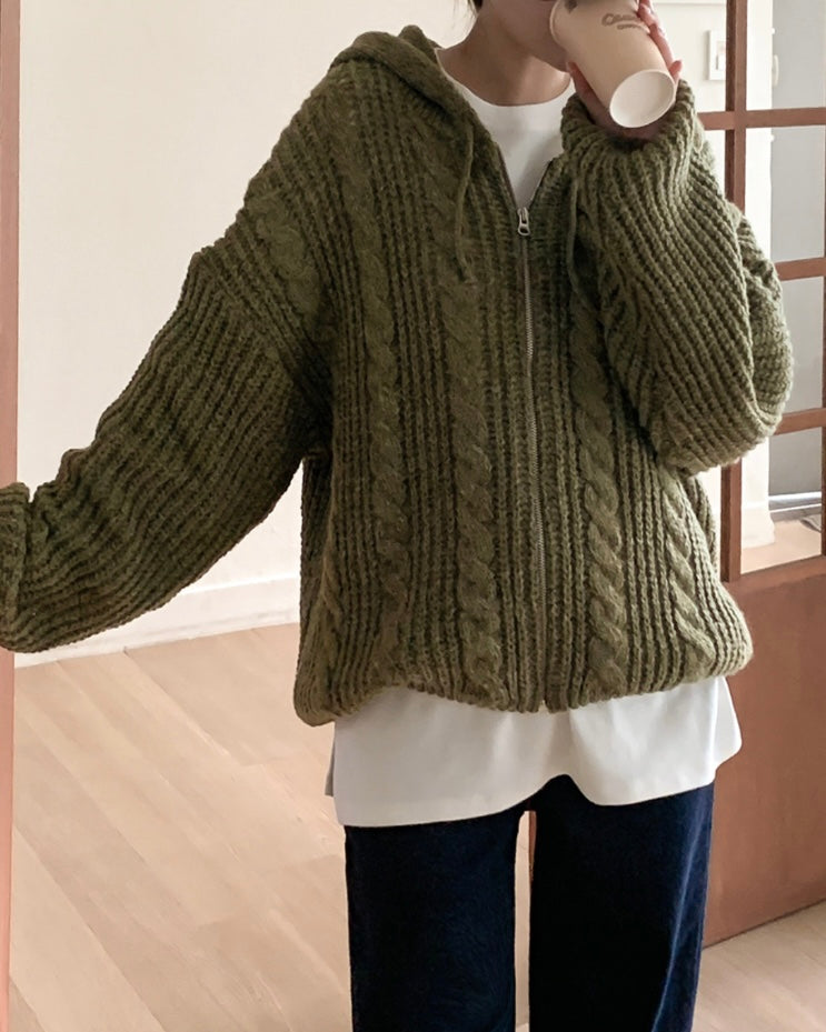 Hoodie Cable Knit Zip-Up