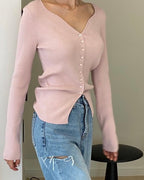 Heart-Neck Ribbed Knit Top