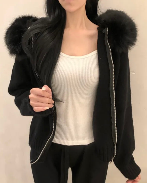 Fur Hoodie Knit Zip-Up
