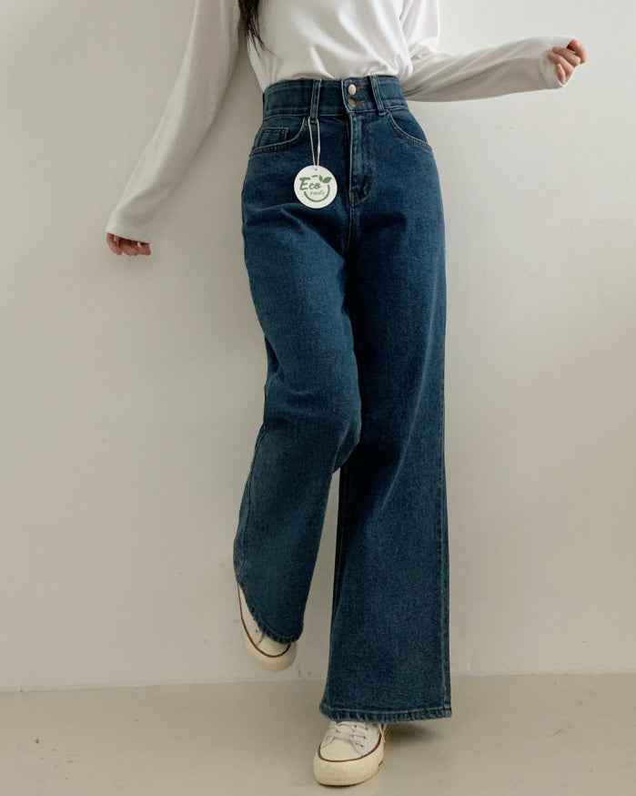 [S,M] Double Button Stretchy Wide denim Pants
