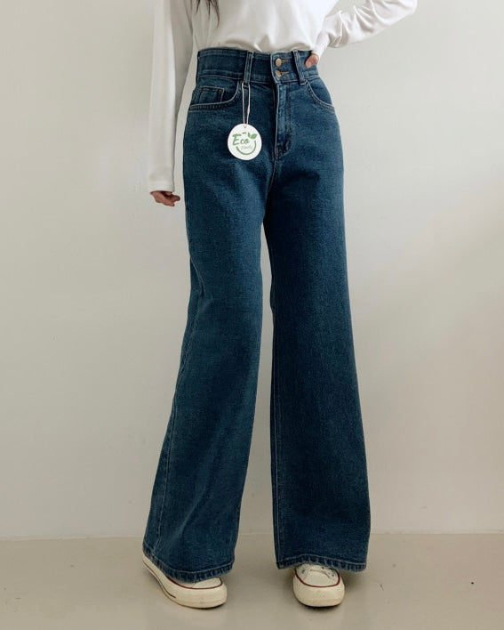 [S,M] Double Button Stretchy Wide denim Pants
