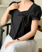 Heart-Neck Ribbon Cotton Blouse