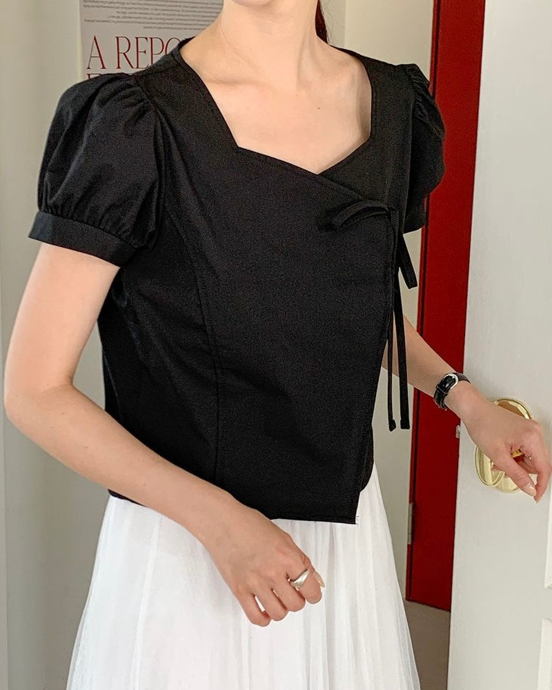Heart-Neck Ribbon Cotton Blouse