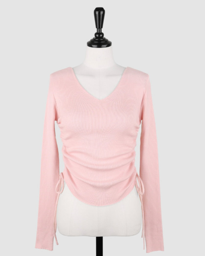 Ribbed Shirring V-Neck Top