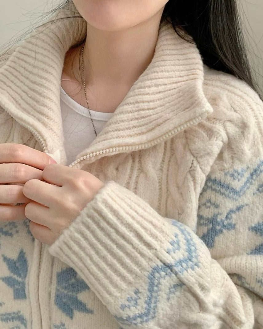 【MODERNIF】Foren cable zip-up cardigan knit Womens Long Sleeve Cardigan Zip Up Cable Knit Open Front