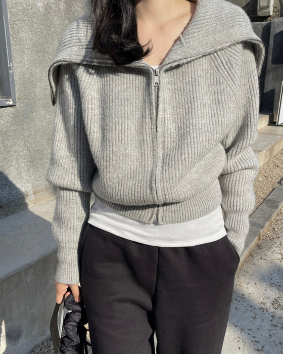 Sailor Collar Knitted Zip-Up