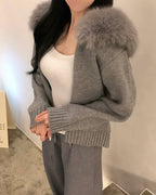 Fur Hoodie Knit Zip-Up