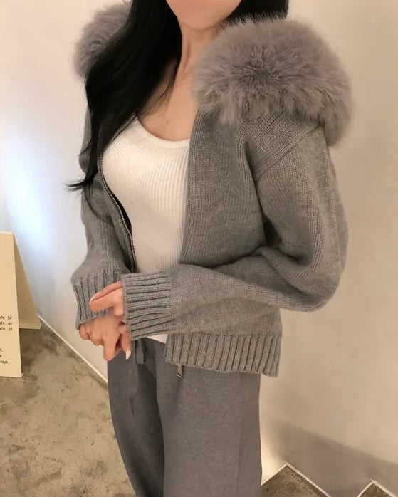 Fur Hoodie Knit Zip-Up