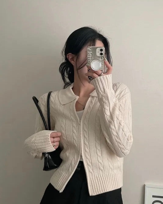Cable Knit Zip-Up Cardigan
