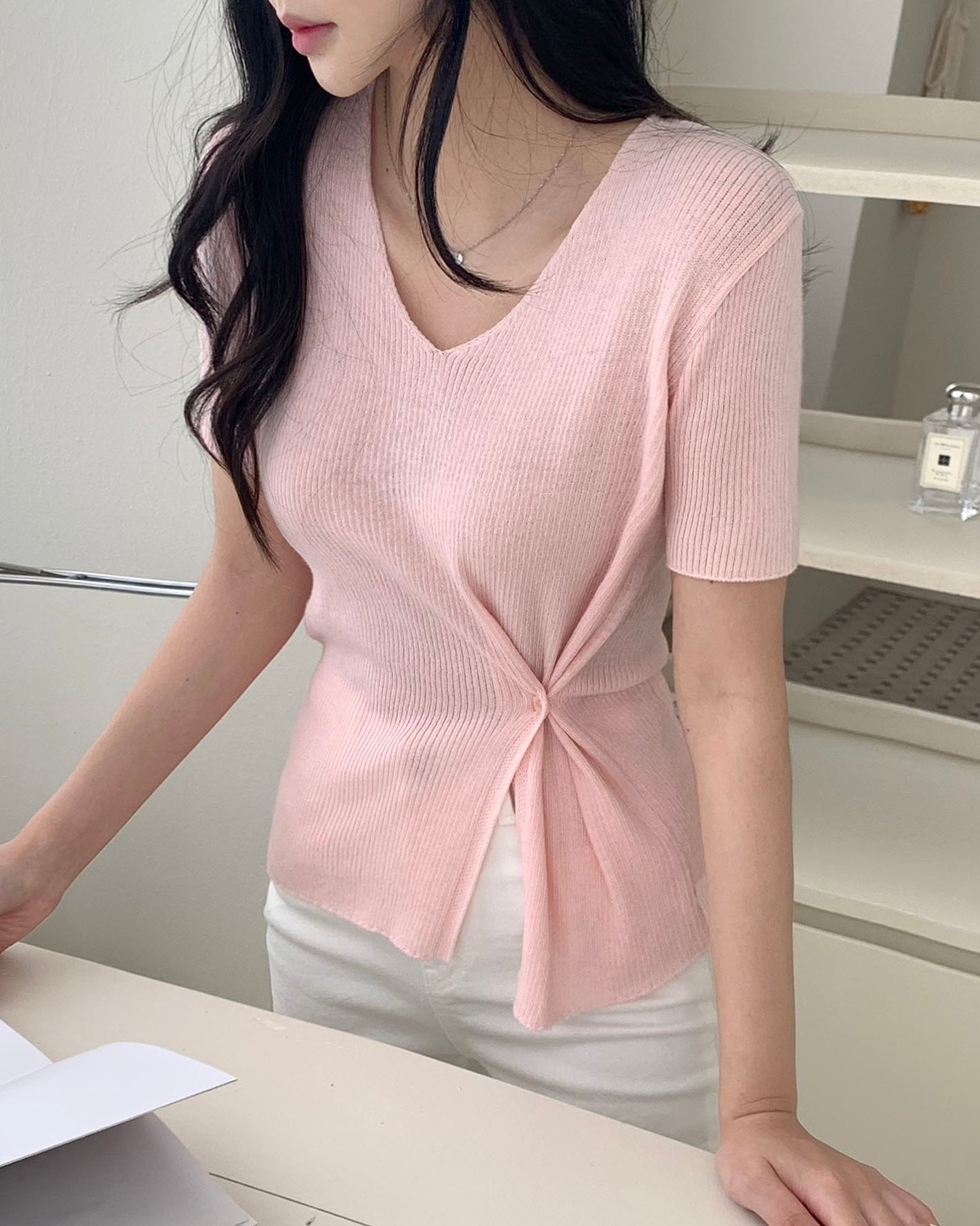 Bamboo Button short-Sleeve Knit