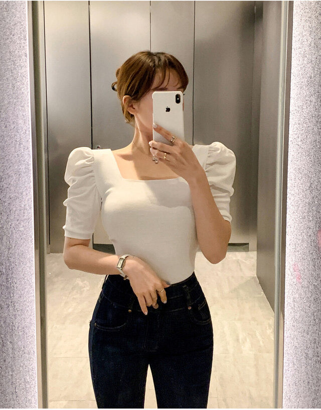 Puff Shoulder Square-Neck Short Sleeve