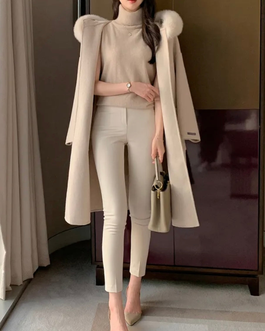 Fur Hoodie 100% Wool Coat