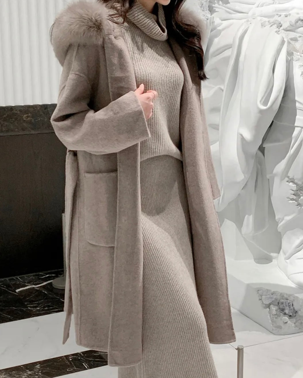 Fur Hoodie 100% Wool Coat